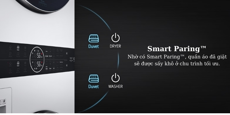 Nhờ có Smart Paring, quần áo đã giặt sẽ được sấy khô ở chu trình tối ưu.